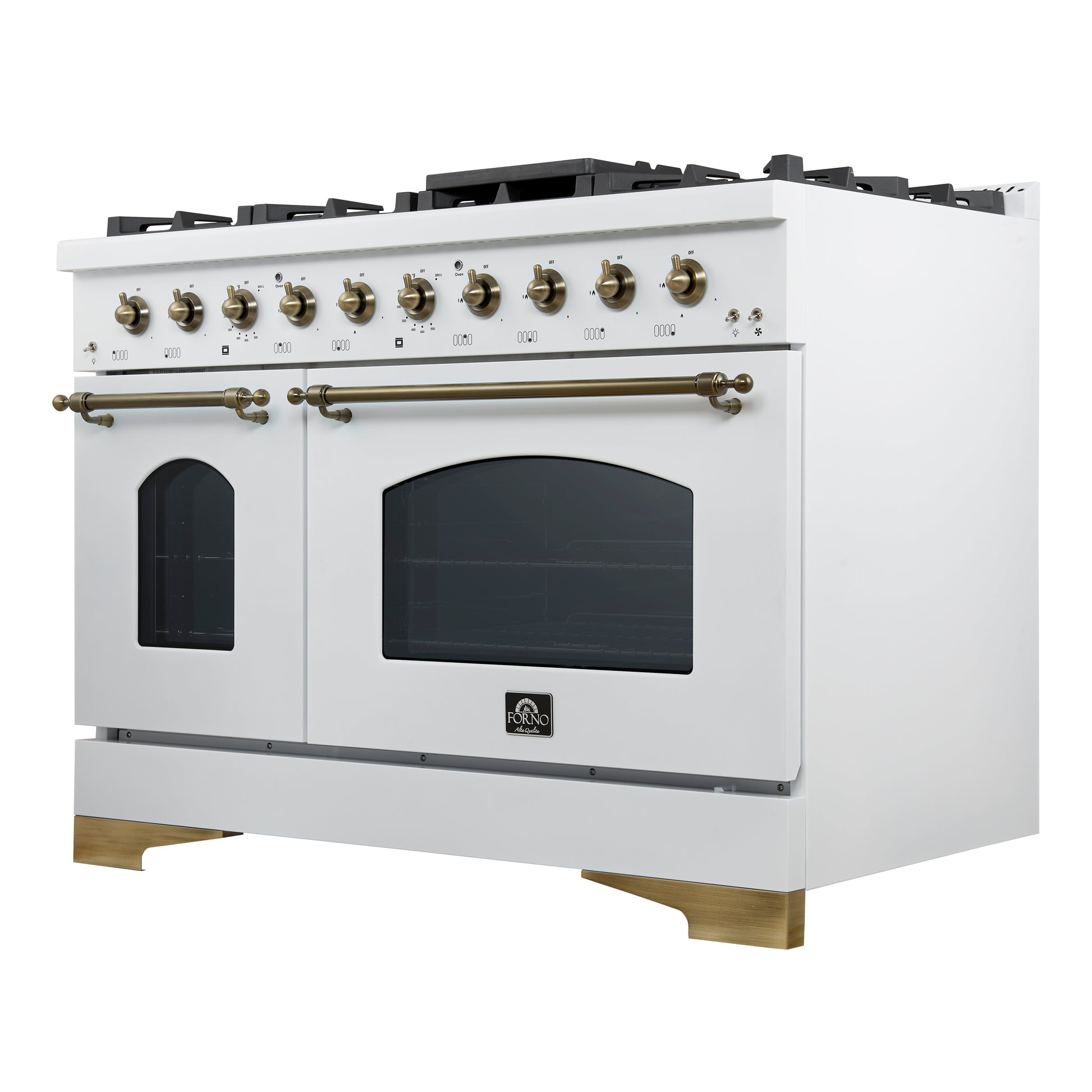 Forno Antico 48-Inch Dual Fuel Range, White with Antique Brass Finish, 8 Burners, 94,000 BTU, 5.5 cu.ft. Double Ovens & Griddle - Forno Appliances