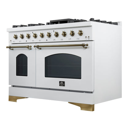 Forno Antico 48-Inch Dual Fuel Range, White with Antique Brass Finish, 8 Burners, 94,000 BTU, 5.5 cu.ft. Double Ovens & Griddle - Forno Appliances