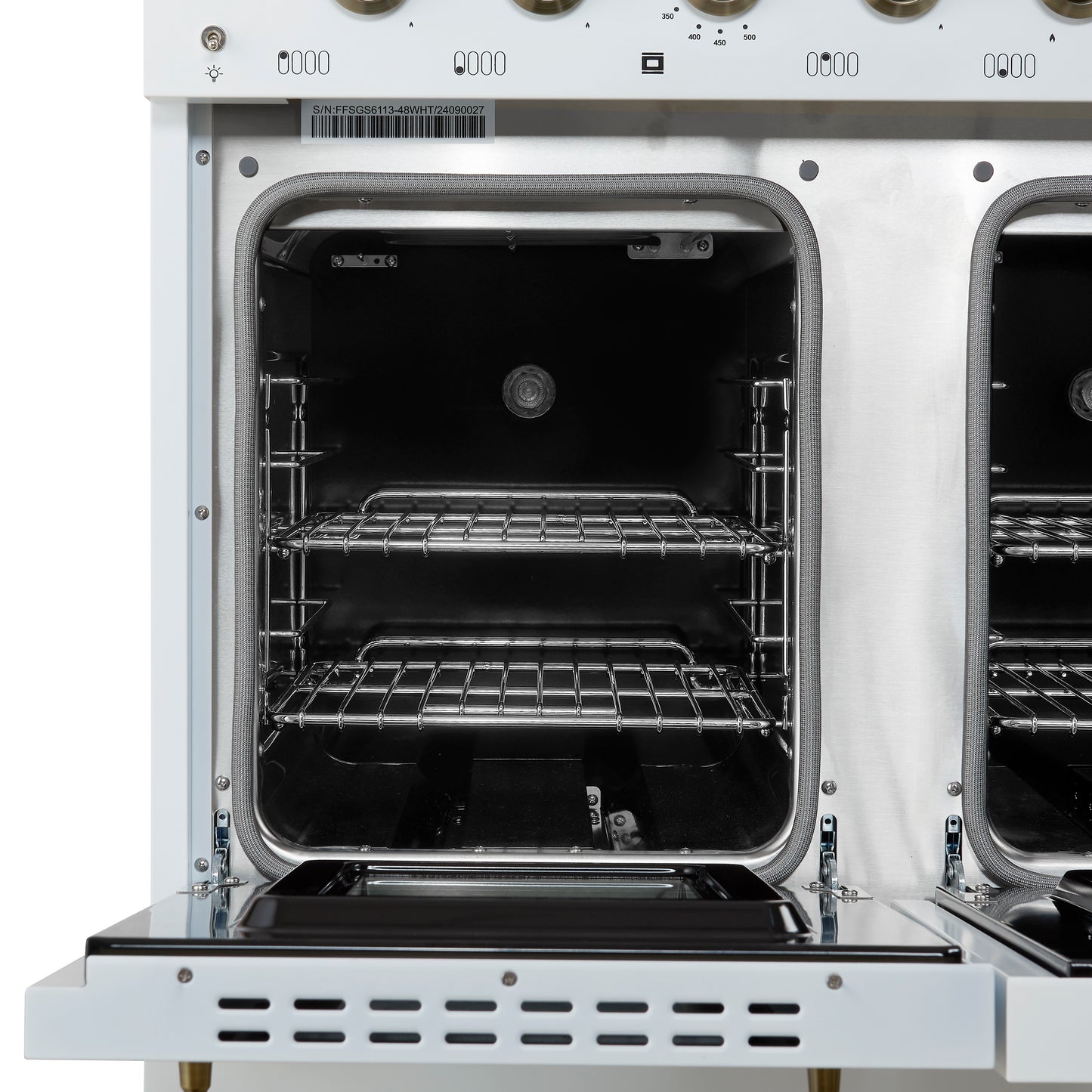 Forno Antico 48-Inch Dual Fuel Range, White with Antique Brass Finish, 8 Burners, 94,000 BTU, 5.5 cu.ft. Double Ovens & Griddle - Forno Appliances