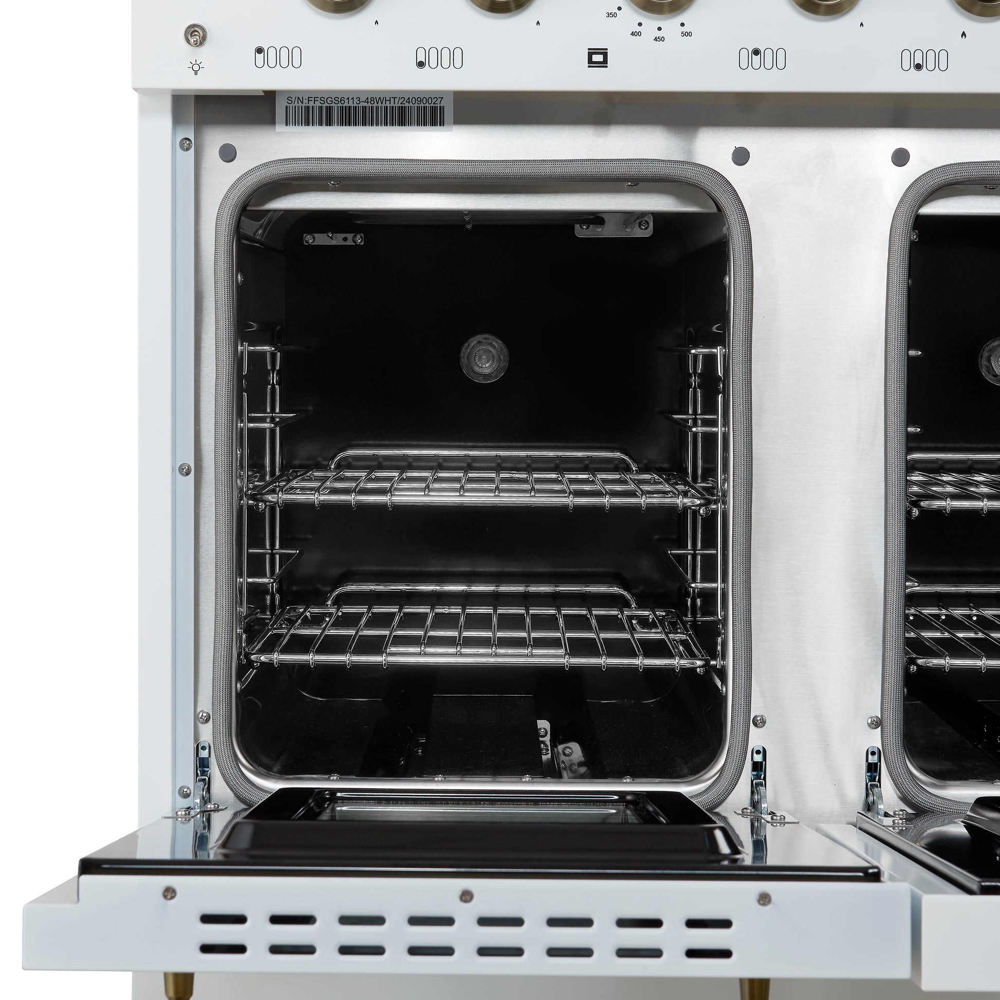 Forno Antico 48-Inch Dual Fuel Range, White with Antique Brass Finish, 8 Burners, 94,000 BTU, 5.5 cu.ft. Double Ovens & Griddle - Forno Appliances
