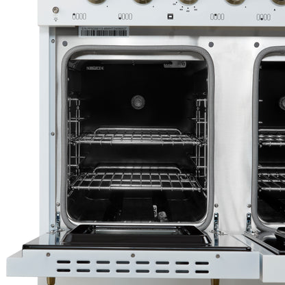 Forno Antico 48-Inch Dual Fuel Range, White with Antique Brass Finish, 8 Burners, 94,000 BTU, 5.5 cu.ft. Double Ovens & Griddle - Forno Appliances