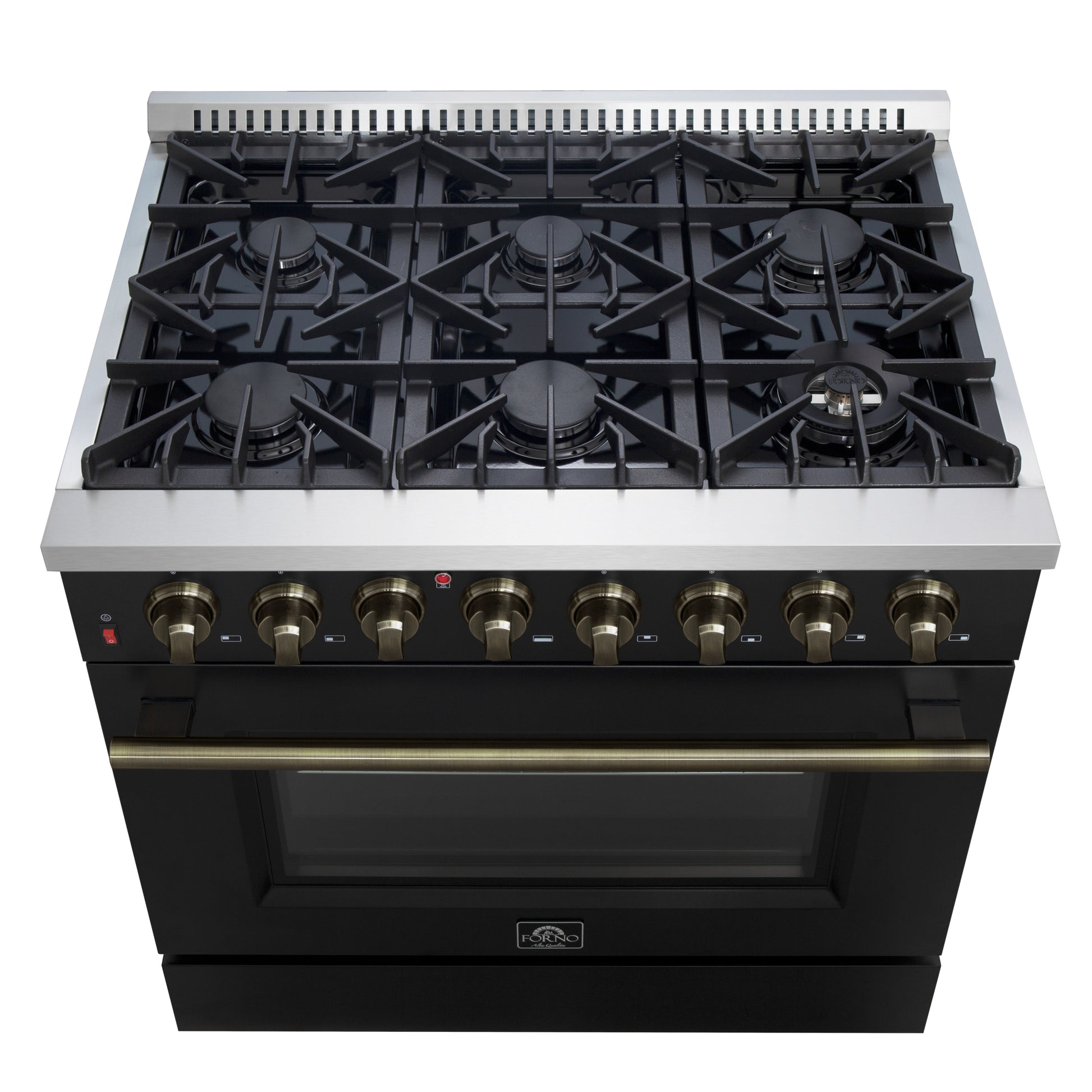 Forno Galiano 36-inch Dual Fuel Range in Black & Antique Brass Design, 6 Sealed Burners 83,000 BTU, 5.36 cu.ft. True Convection Oven - Forno Appliances