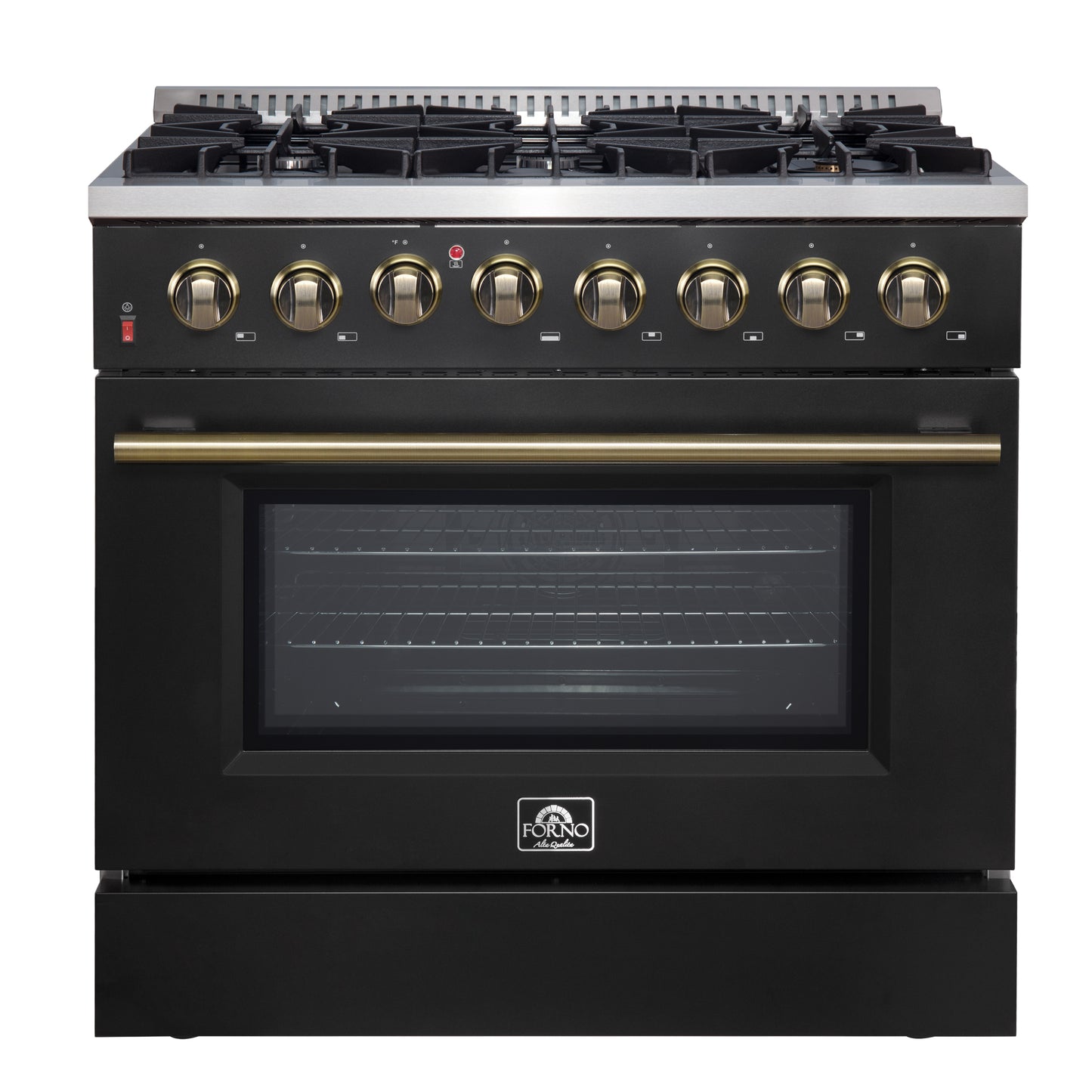 Forno Galiano 36-inch Dual Fuel Range in Black & Antique Brass Design, 6 Sealed Burners 83,000 BTU, 5.36 cu.ft. True Convection Oven - Forno Appliances