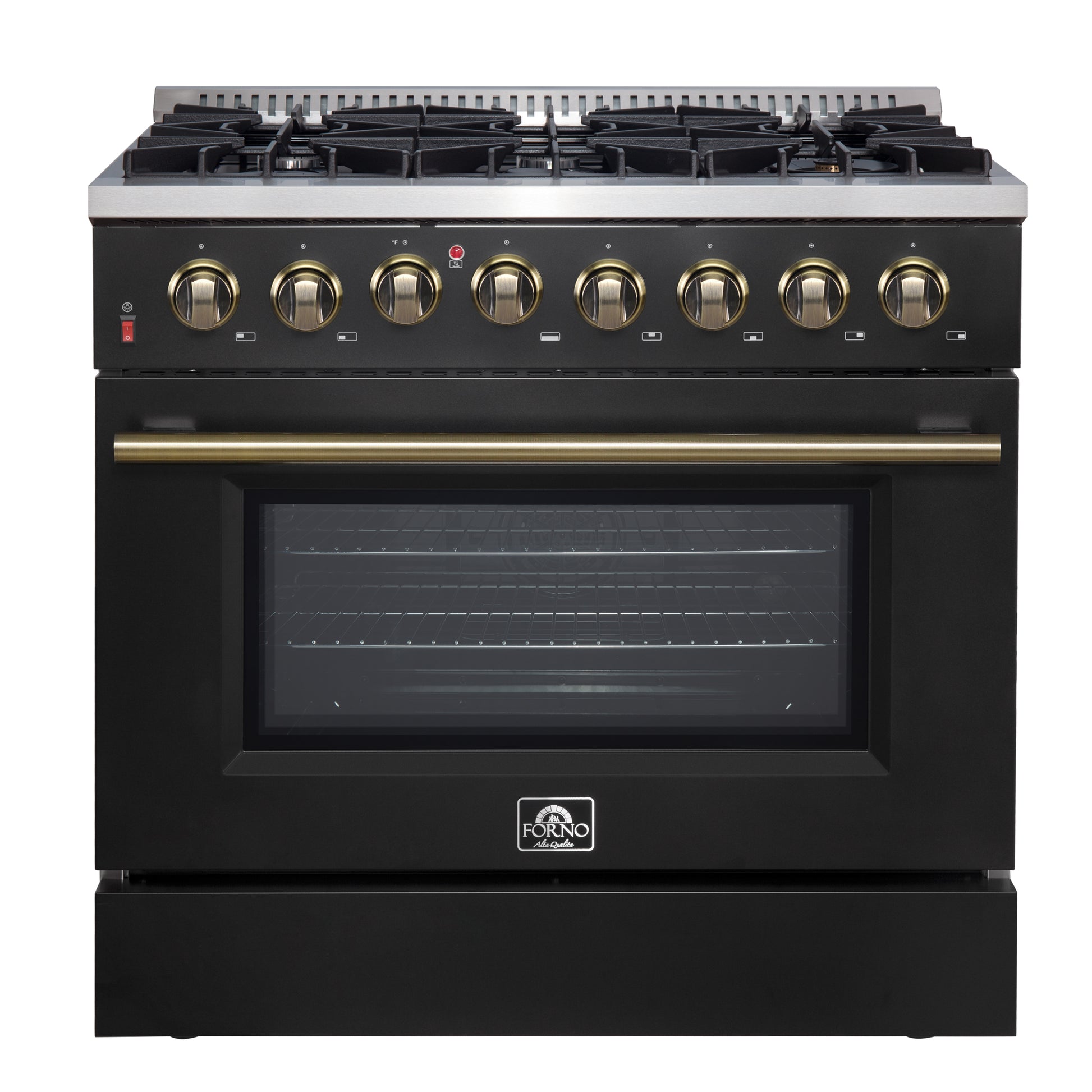 Forno Galiano 36-inch Dual Fuel Range in Black & Antique Brass Design, 6 Sealed Burners 83,000 BTU, 5.36 cu.ft. True Convection Oven - Forno Appliances