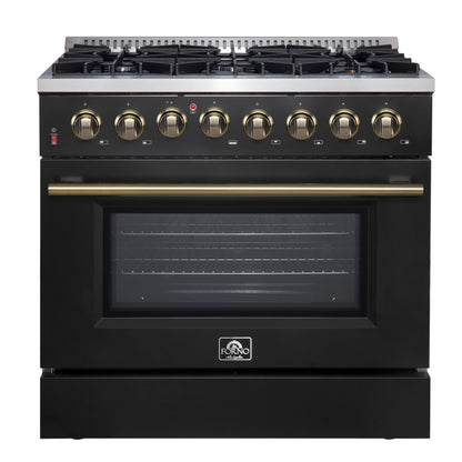 Forno Galiano 36-inch Dual Fuel Range in Black & Antique Brass Design, 6 Sealed Burners 83,000 BTU, 5.36 cu.ft. True Convection Oven - Forno Appliances