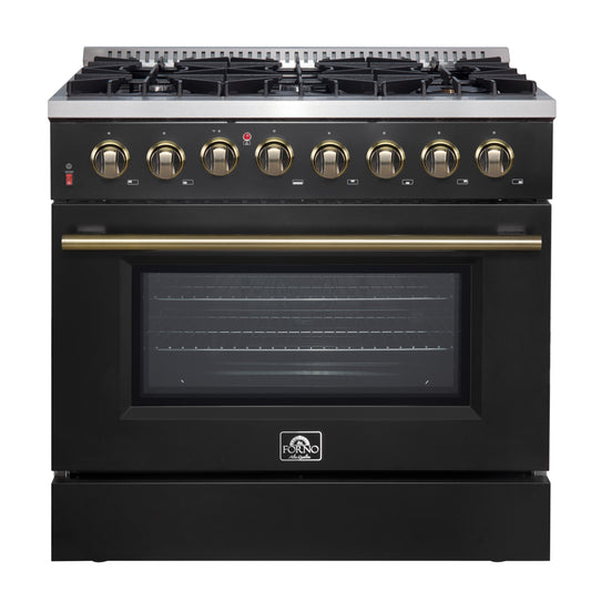 Forno Galiano 36-inch Dual Fuel Range in Black & Antique Brass Design, 6 Sealed Burners 83,000 BTU, 5.36 cu.ft. True Convection Oven - Forno Appliances