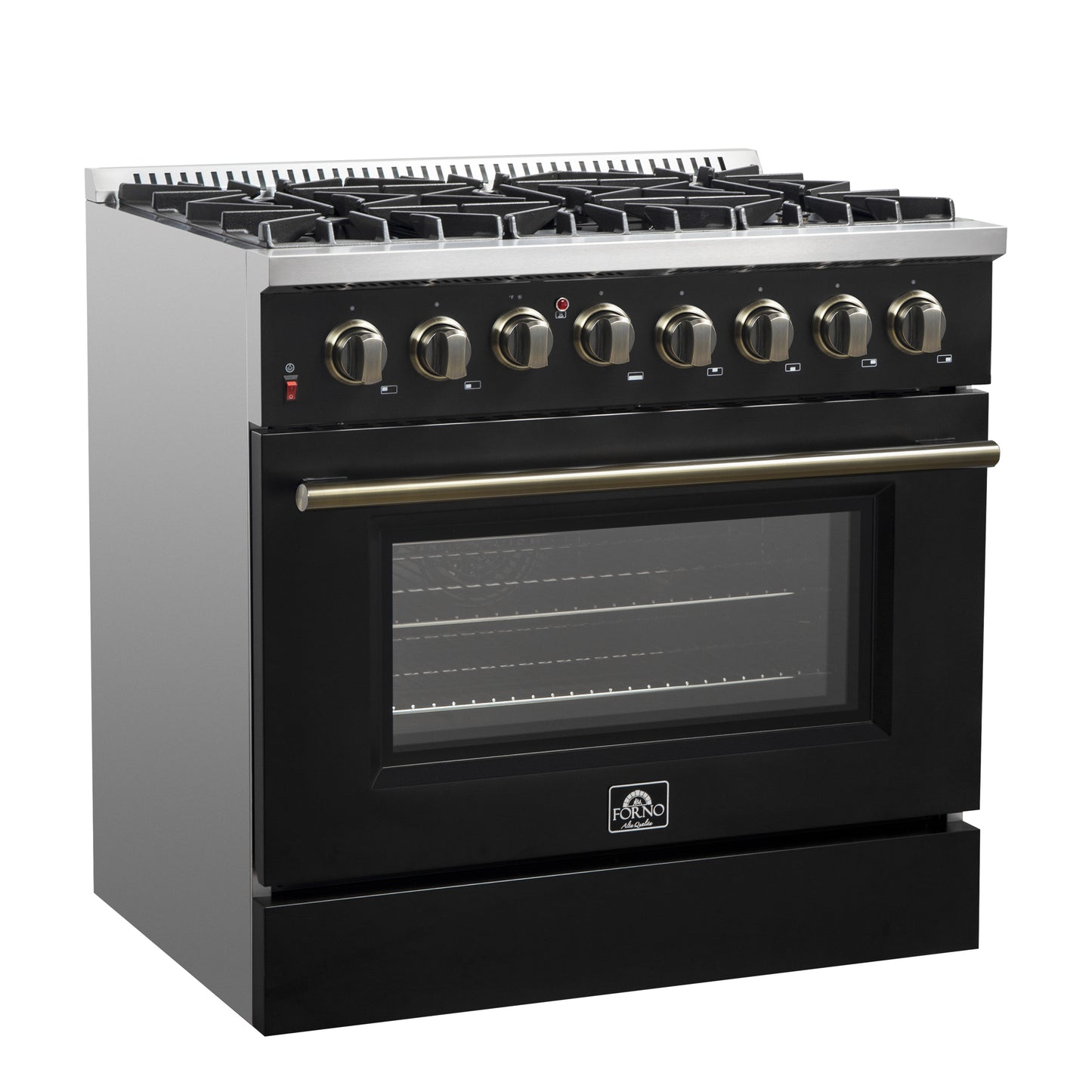 Forno Galiano 36-inch Dual Fuel Range in Black & Antique Brass Design, 6 Sealed Burners 83,000 BTU, 5.36 cu.ft. True Convection Oven - Forno Appliances