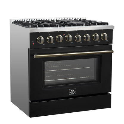 Forno Galiano 36-inch Dual Fuel Range in Black & Antique Brass Design, 6 Sealed Burners 83,000 BTU, 5.36 cu.ft. True Convection Oven - Forno Appliances