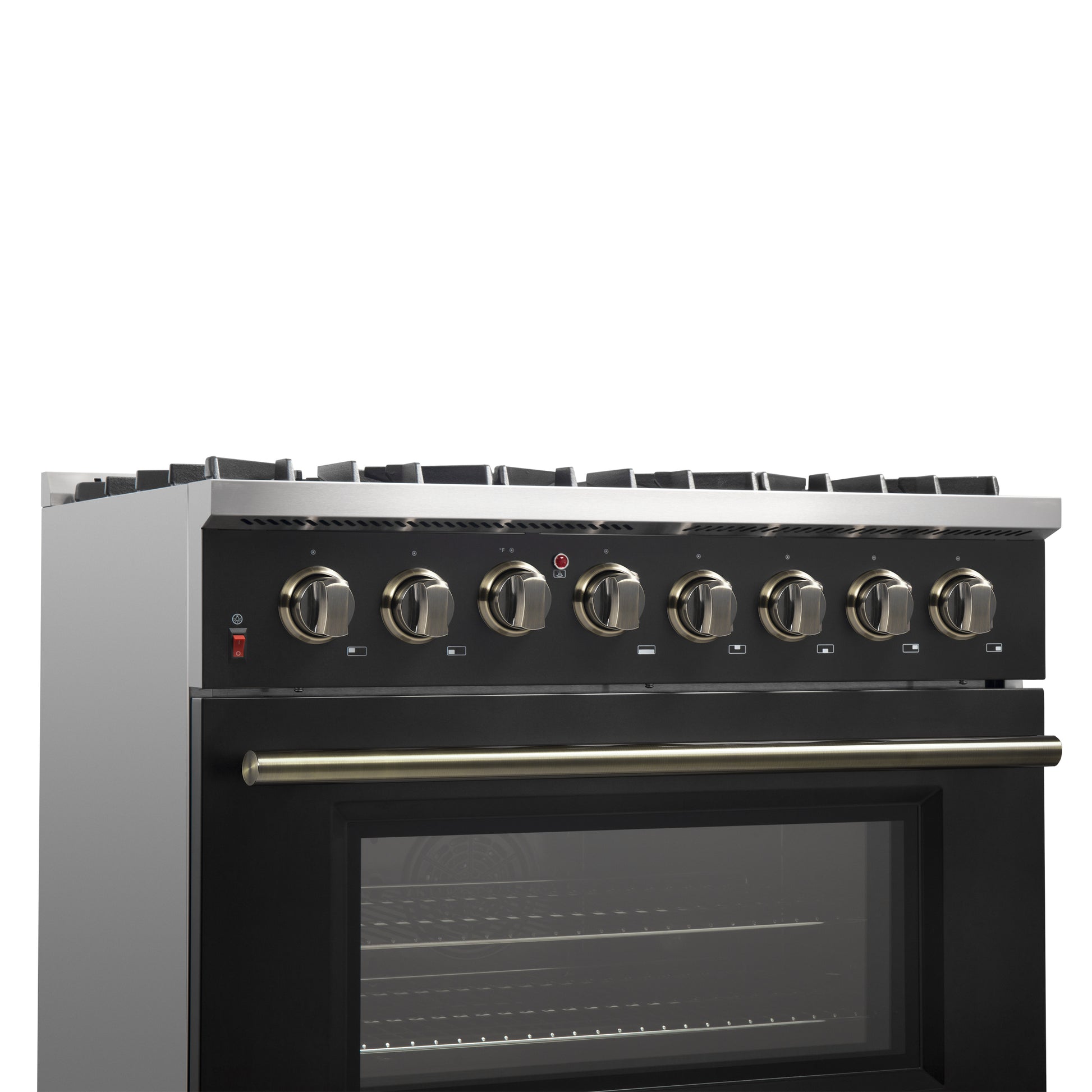 Forno Galiano 36-inch Dual Fuel Range in Black & Antique Brass Design, 6 Sealed Burners 83,000 BTU, 5.36 cu.ft. True Convection Oven - Forno Appliances