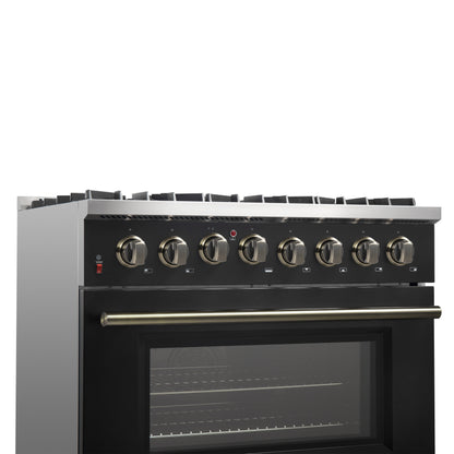 Forno Galiano 36-inch Dual Fuel Range in Black & Antique Brass Design, 6 Sealed Burners 83,000 BTU, 5.36 cu.ft. True Convection Oven - Forno Appliances