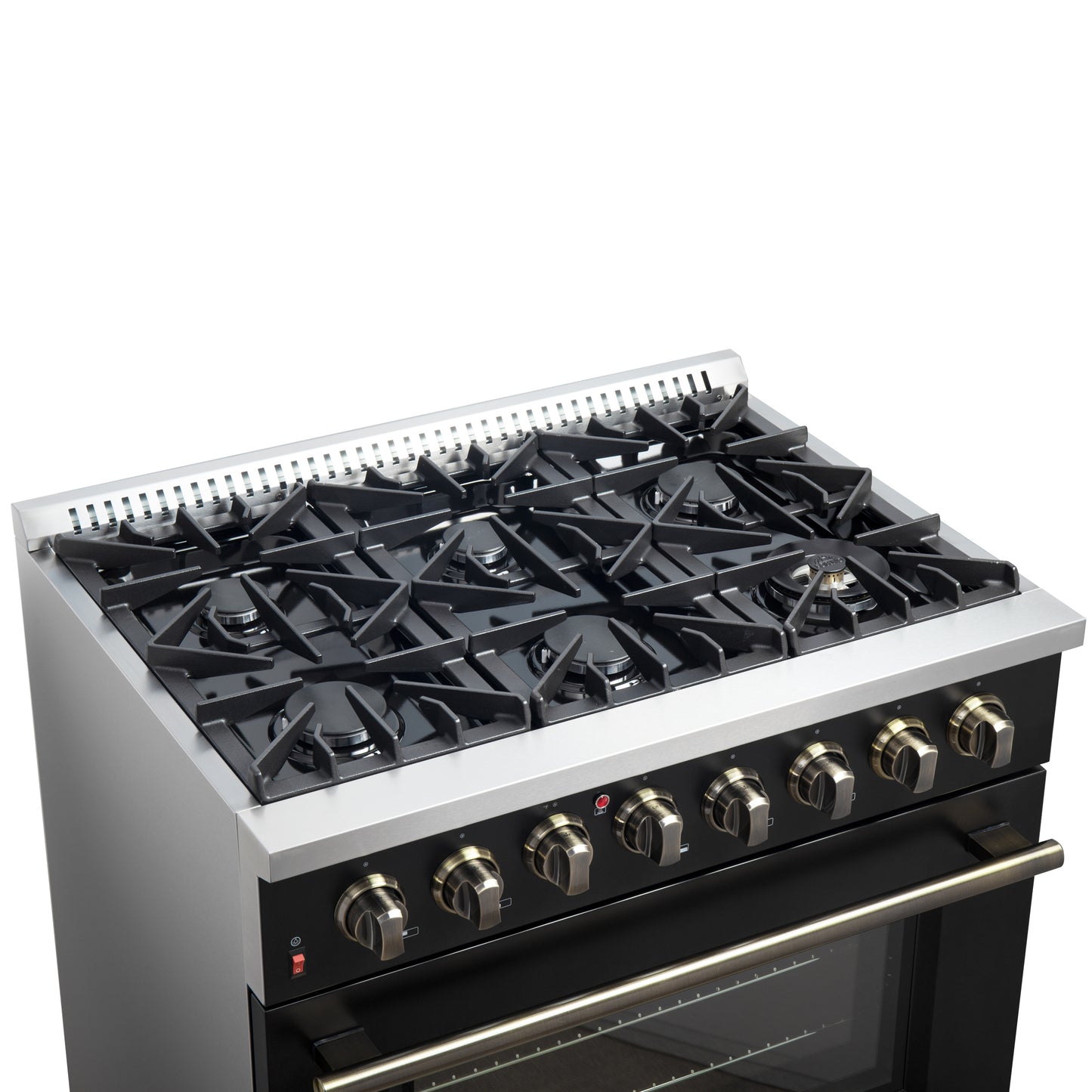 Forno Galiano 36-inch Dual Fuel Range in Black & Antique Brass Design, 6 Sealed Burners 83,000 BTU, 5.36 cu.ft. True Convection Oven - Forno Appliances