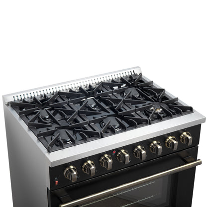 Forno Galiano 36-inch Dual Fuel Range in Black & Antique Brass Design, 6 Sealed Burners 83,000 BTU, 5.36 cu.ft. True Convection Oven - Forno Appliances