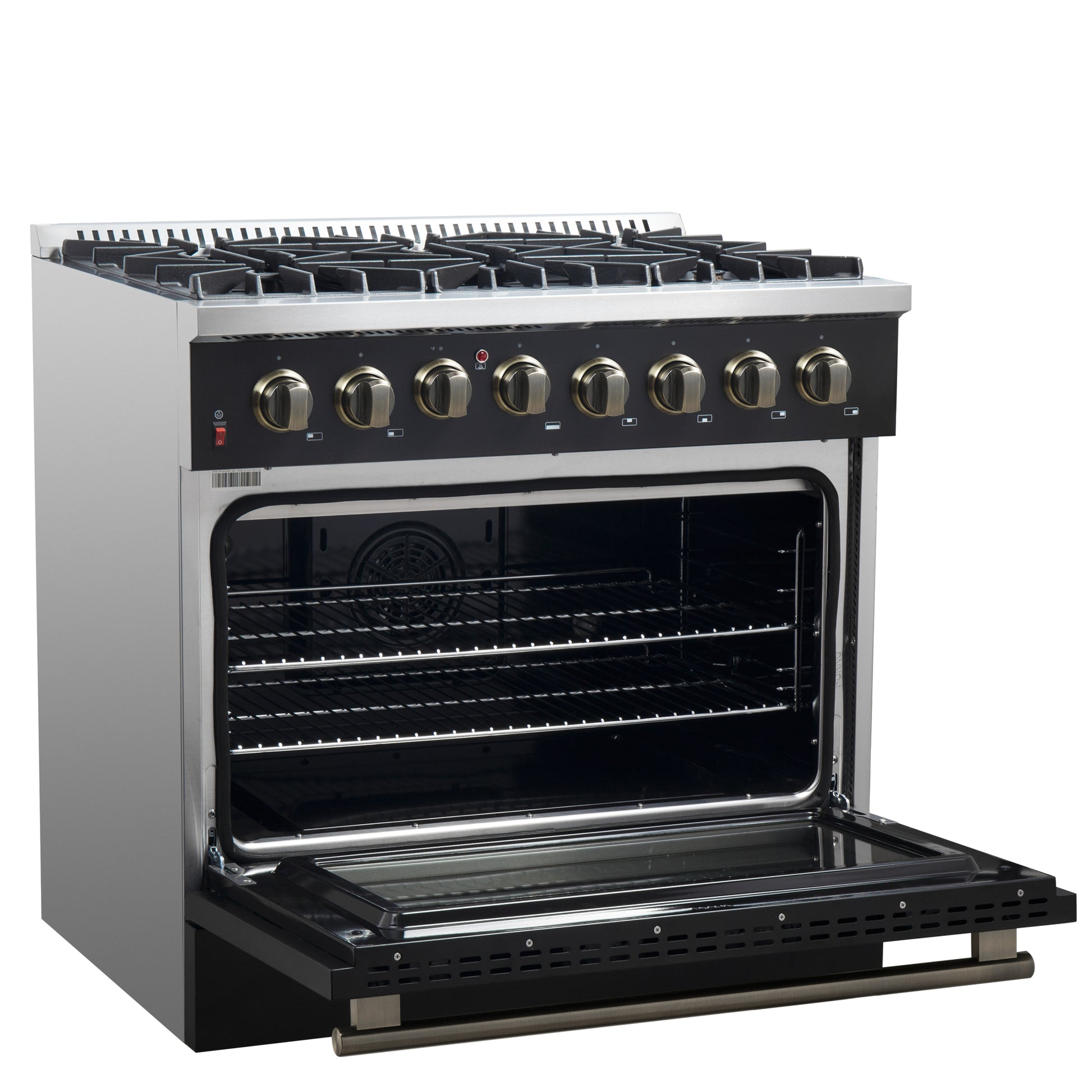 Forno Galiano 36-inch Dual Fuel Range in Black & Antique Brass Design, 6 Sealed Burners 83,000 BTU, 5.36 cu.ft. True Convection Oven - Forno Appliances
