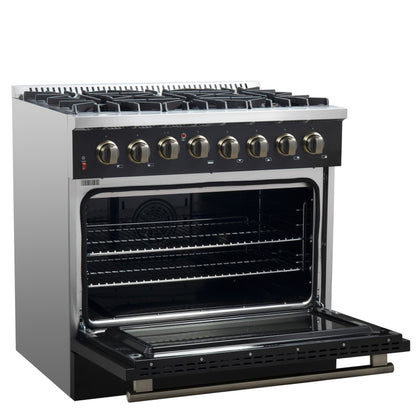 Forno Galiano 36-inch Dual Fuel Range in Black & Antique Brass Design, 6 Sealed Burners 83,000 BTU, 5.36 cu.ft. True Convection Oven - Forno Appliances