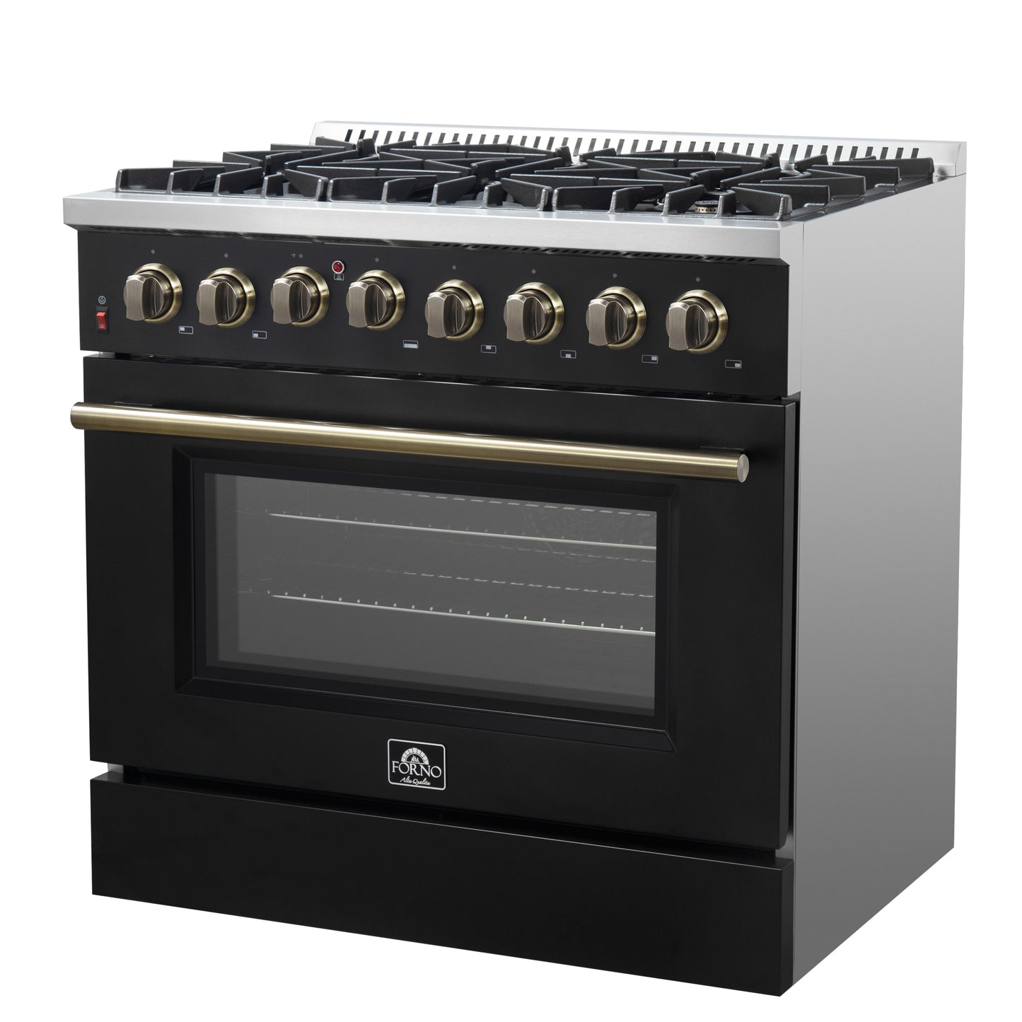 Forno Galiano 36-inch Dual Fuel Range in Black & Antique Brass Design, 6 Sealed Burners 83,000 BTU, 5.36 cu.ft. True Convection Oven - Forno Appliances
