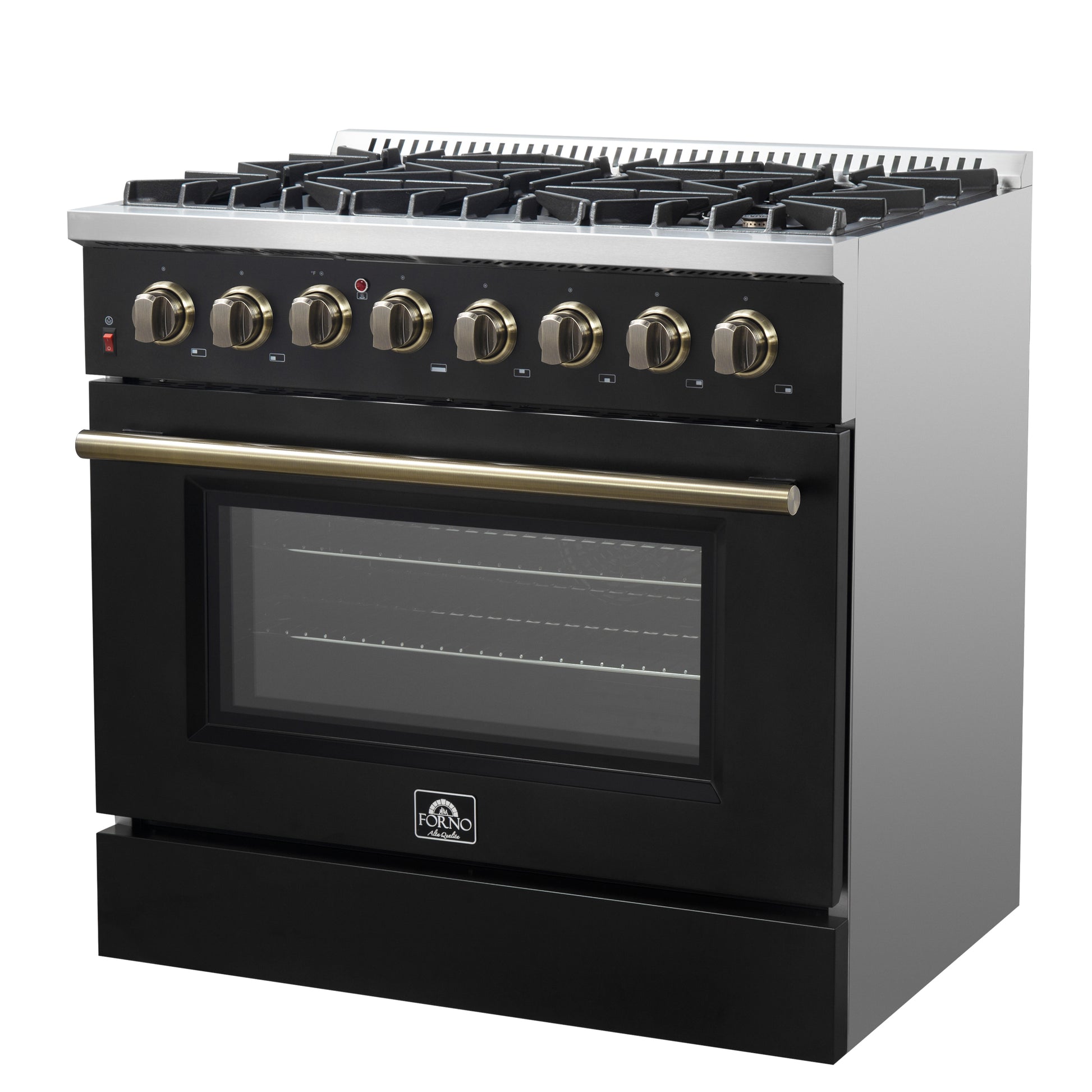 Forno Galiano 36-inch Dual Fuel Range in Black & Antique Brass Design, 6 Sealed Burners 83,000 BTU, 5.36 cu.ft. True Convection Oven - Forno Appliances