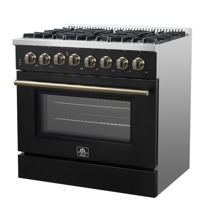 Forno Galiano 36-inch Dual Fuel Range in Black & Antique Brass Design, 6 Sealed Burners 83,000 BTU, 5.36 cu.ft. True Convection Oven - Forno Appliances