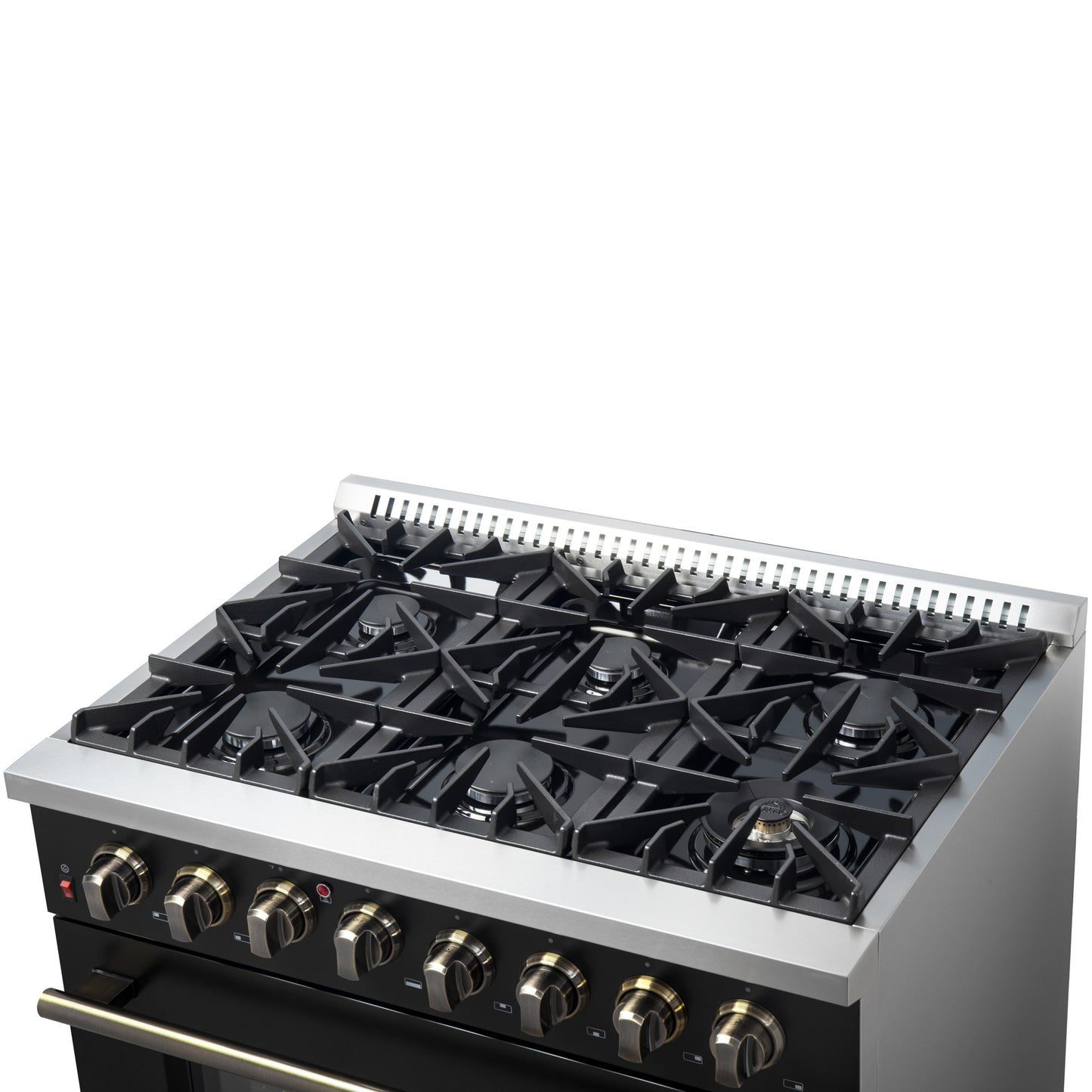 Forno Galiano 36-inch Dual Fuel Range in Black & Antique Brass Design, 6 Sealed Burners 83,000 BTU, 5.36 cu.ft. True Convection Oven - Forno Appliances