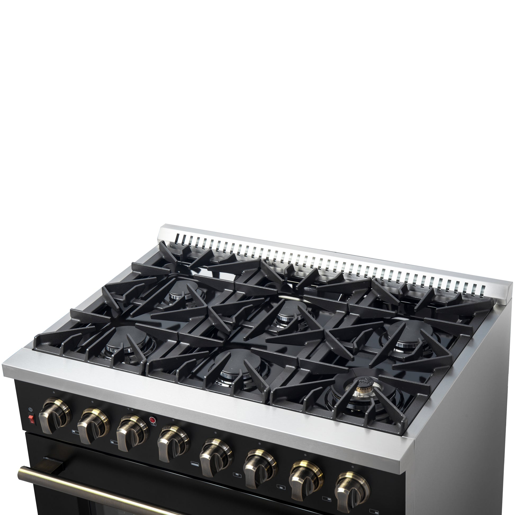Forno Galiano 36-inch Dual Fuel Range in Black & Antique Brass Design, 6 Sealed Burners 83,000 BTU, 5.36 cu.ft. True Convection Oven - Forno Appliances