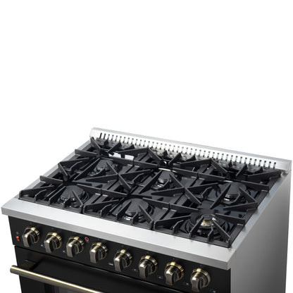 Forno Galiano 36-inch Dual Fuel Range in Black & Antique Brass Design, 6 Sealed Burners 83,000 BTU, 5.36 cu.ft. True Convection Oven - Forno Appliances