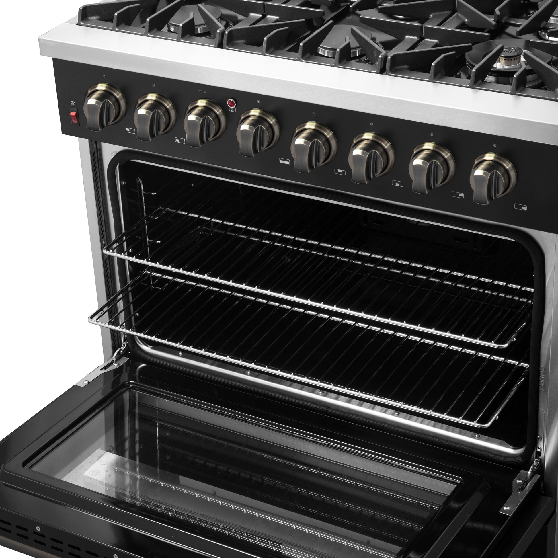 Forno Galiano 36-inch Dual Fuel Range in Black & Antique Brass Design, 6 Sealed Burners 83,000 BTU, 5.36 cu.ft. True Convection Oven - Forno Appliances