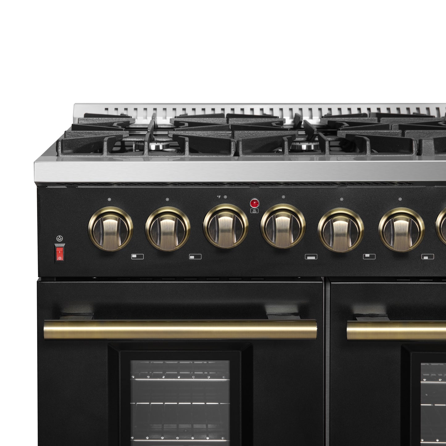 Galiano 48-inch Dual Fuel Range Black & Antique Brass Design with 8 Sealed Burners 107,000 BTU, 6.58 cu. ft. double ovens & Griddle - Forno Appliances