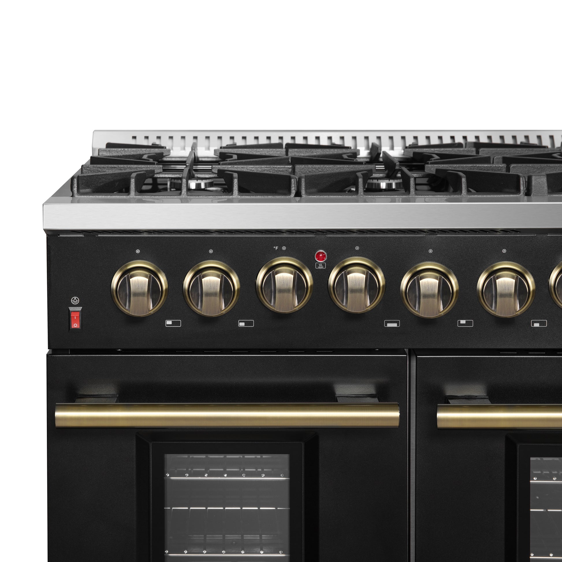 Galiano 48-inch Dual Fuel Range Black & Antique Brass Design with 8 Sealed Burners 107,000 BTU, 6.58 cu. ft. double ovens & Griddle - Forno Appliances