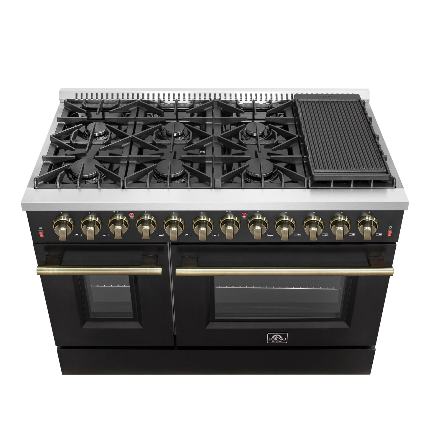 Galiano 48-inch Dual Fuel Range Black & Antique Brass Design with 8 Sealed Burners 107,000 BTU, 6.58 cu. ft. double ovens & Griddle - Forno Appliances