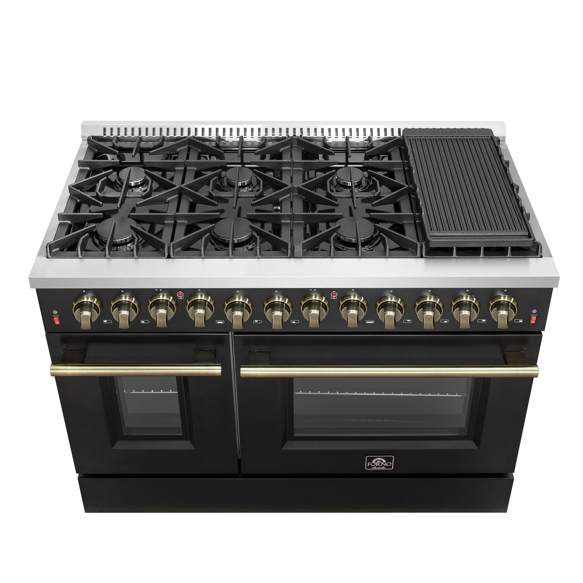 Galiano 48-inch Dual Fuel Range Black & Antique Brass Design with 8 Sealed Burners 107,000 BTU, 6.58 cu. ft. double ovens & Griddle - Forno Appliances