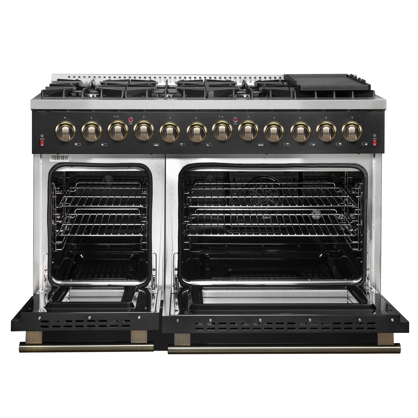 Galiano 48-inch Dual Fuel Range Black & Antique Brass Design with 8 Sealed Burners 107,000 BTU, 6.58 cu. ft. double ovens & Griddle - Forno Appliances