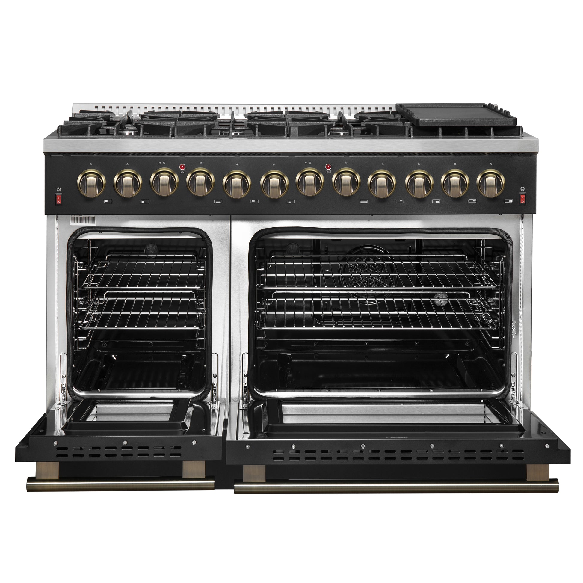 Galiano 48-inch Dual Fuel Range Black & Antique Brass Design with 8 Sealed Burners 107,000 BTU, 6.58 cu. ft. double ovens & Griddle - Forno Appliances