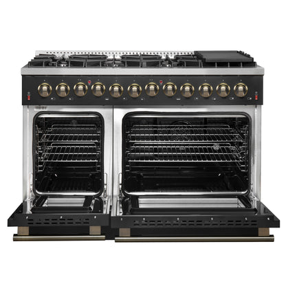 Galiano 48-inch Dual Fuel Range Black & Antique Brass Design with 8 Sealed Burners 107,000 BTU, 6.58 cu. ft. double ovens & Griddle - Forno Appliances