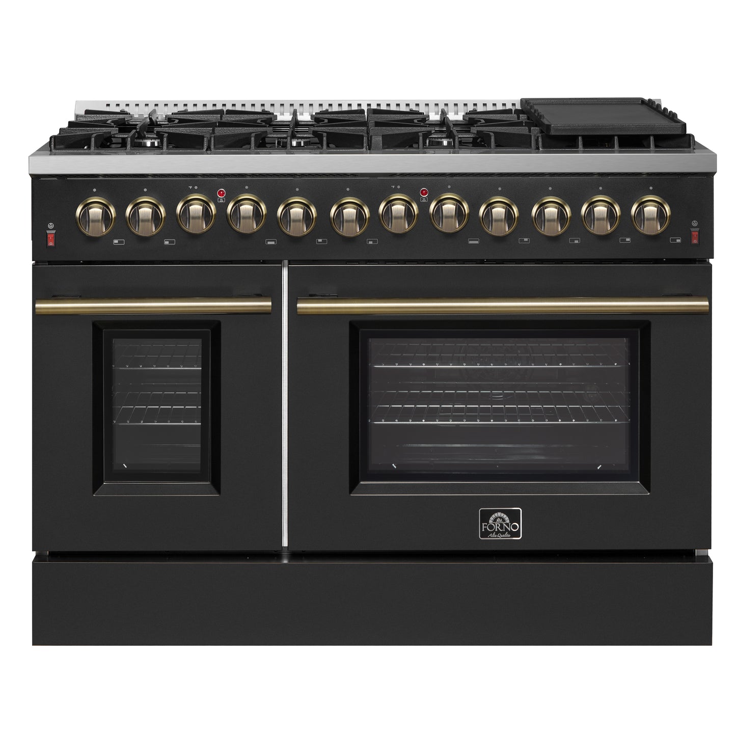 Galiano 48-inch Dual Fuel Range Black & Antique Brass Design with 8 Sealed Burners 107,000 BTU, 6.58 cu. ft. double ovens & Griddle - Forno Appliances