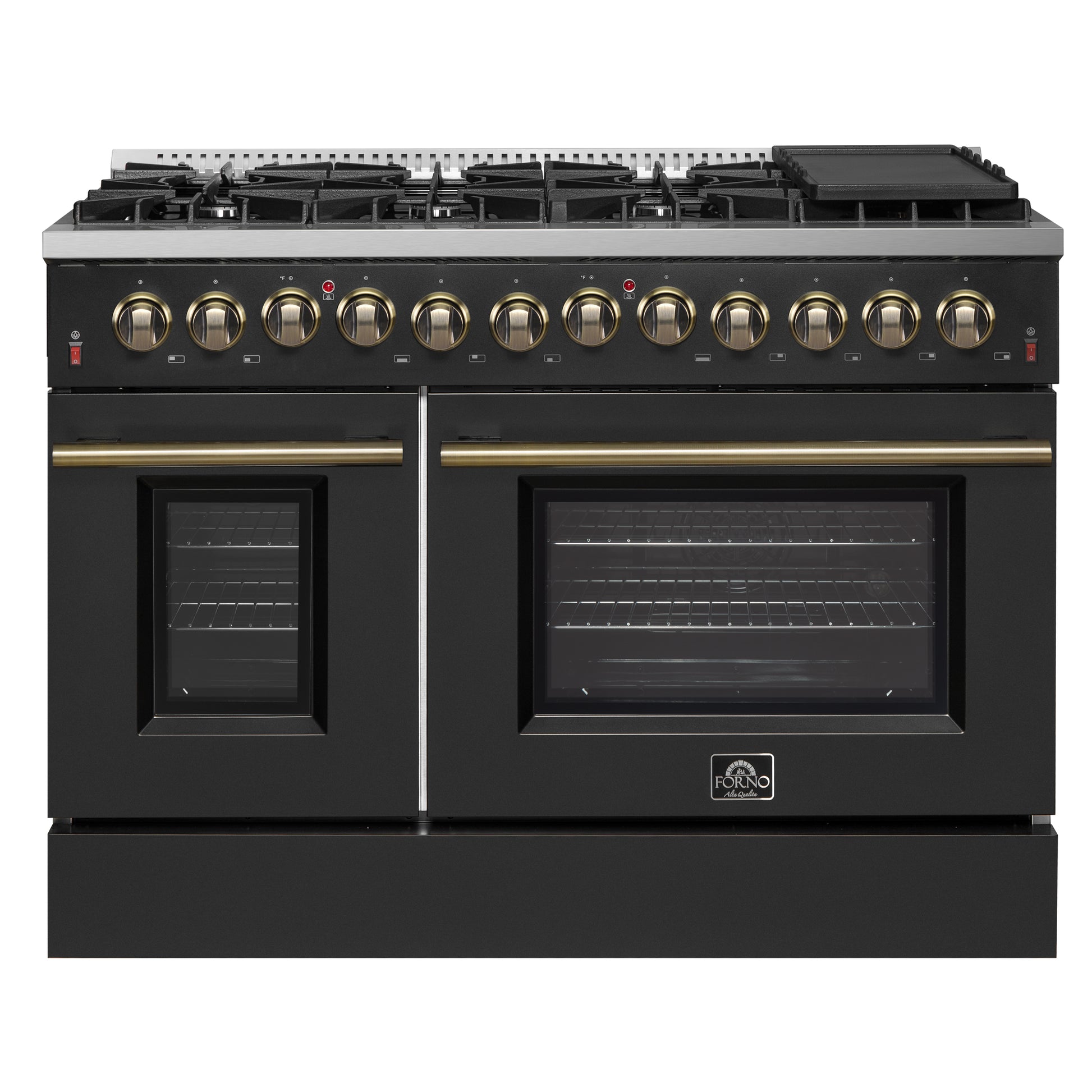 Galiano 48-inch Dual Fuel Range Black & Antique Brass Design with 8 Sealed Burners 107,000 BTU, 6.58 cu. ft. double ovens & Griddle - Forno Appliances