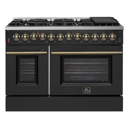 Galiano 48-inch Dual Fuel Range Black & Antique Brass Design with 8 Sealed Burners 107,000 BTU, 6.58 cu. ft. double ovens & Griddle - Forno Appliances