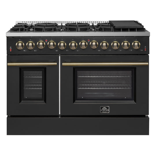 Galiano 48-inch Dual Fuel Range Black & Antique Brass Design with 8 Sealed Burners 107,000 BTU, 6.58 cu. ft. double ovens & Griddle - Forno Appliances