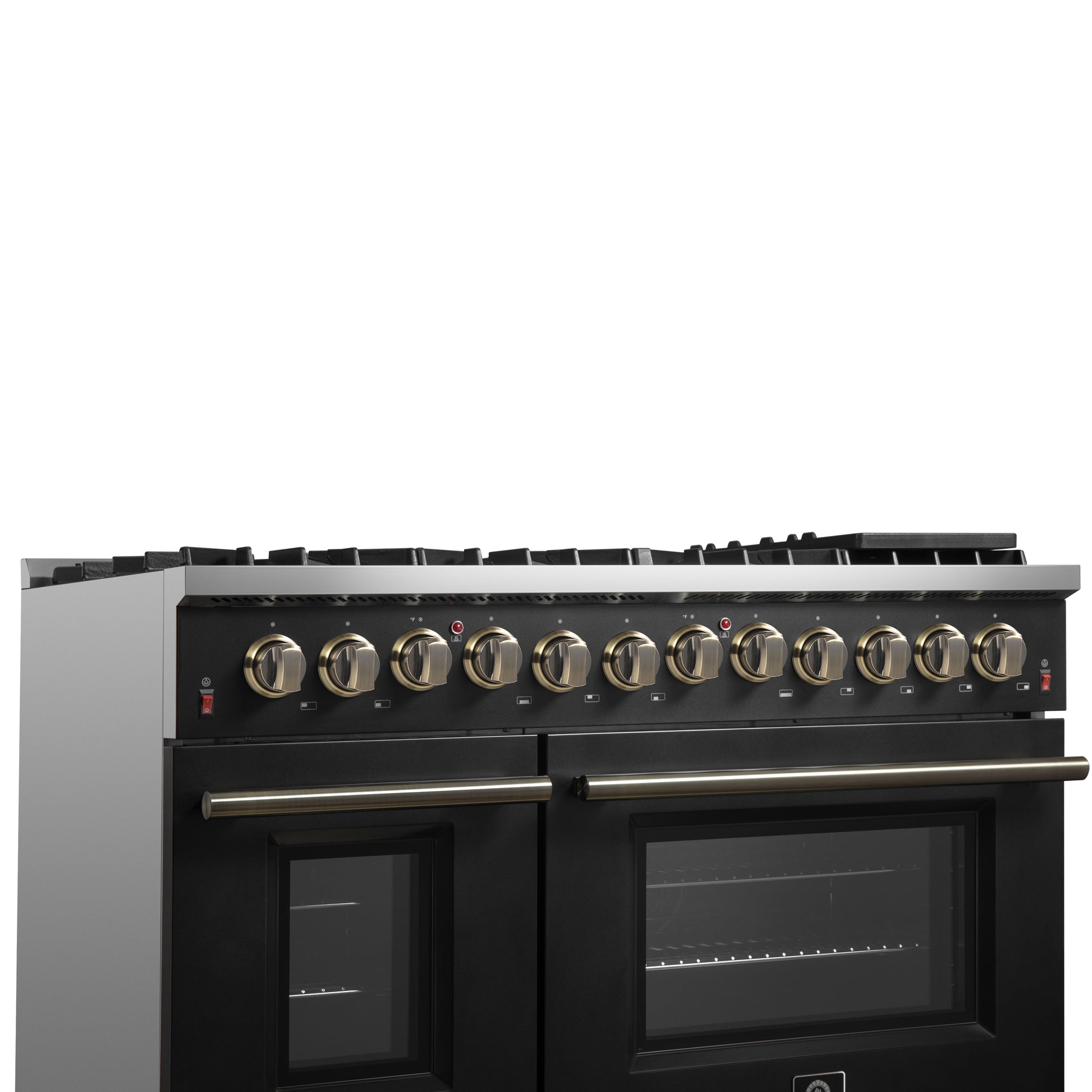 Galiano 48-inch Dual Fuel Range Black & Antique Brass Design with 8 Sealed Burners 107,000 BTU, 6.58 cu. ft. double ovens & Griddle - Forno Appliances
