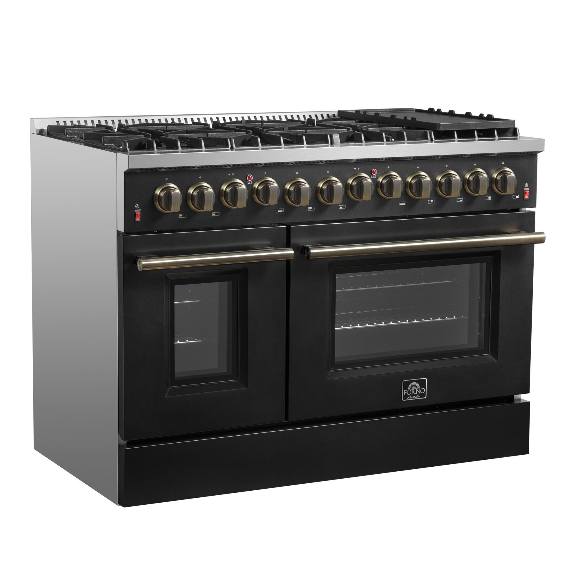 Galiano 48-inch Dual Fuel Range Black & Antique Brass Design with 8 Sealed Burners 107,000 BTU, 6.58 cu. ft. double ovens & Griddle - Forno Appliances