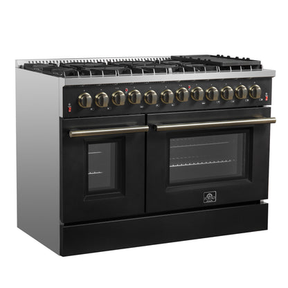 Galiano 48-inch Dual Fuel Range Black & Antique Brass Design with 8 Sealed Burners 107,000 BTU, 6.58 cu. ft. double ovens & Griddle - Forno Appliances