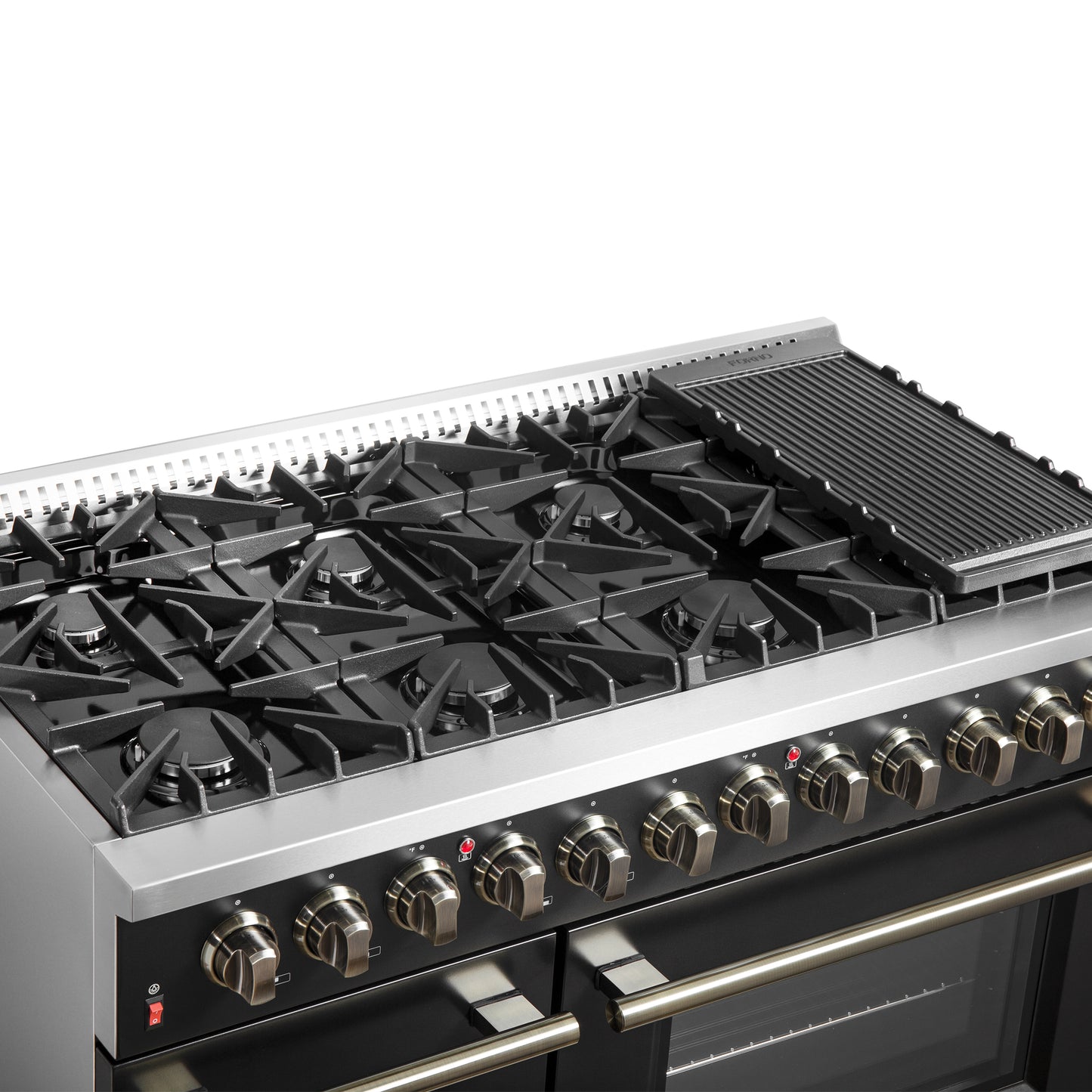 Galiano 48-inch Dual Fuel Range Black & Antique Brass Design with 8 Sealed Burners 107,000 BTU, 6.58 cu. ft. double ovens & Griddle - Forno Appliances