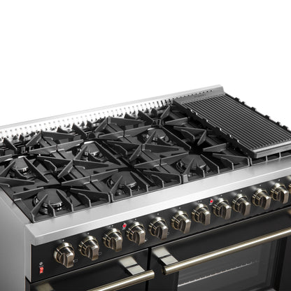 Galiano 48-inch Dual Fuel Range Black & Antique Brass Design with 8 Sealed Burners 107,000 BTU, 6.58 cu. ft. double ovens & Griddle - Forno Appliances