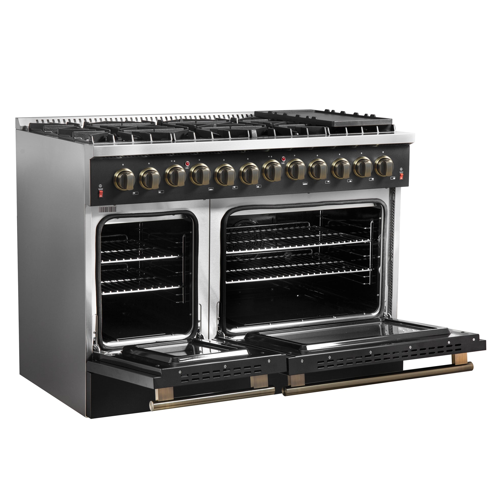 Galiano 48-inch Dual Fuel Range Black & Antique Brass Design with 8 Sealed Burners 107,000 BTU, 6.58 cu. ft. double ovens & Griddle - Forno Appliances
