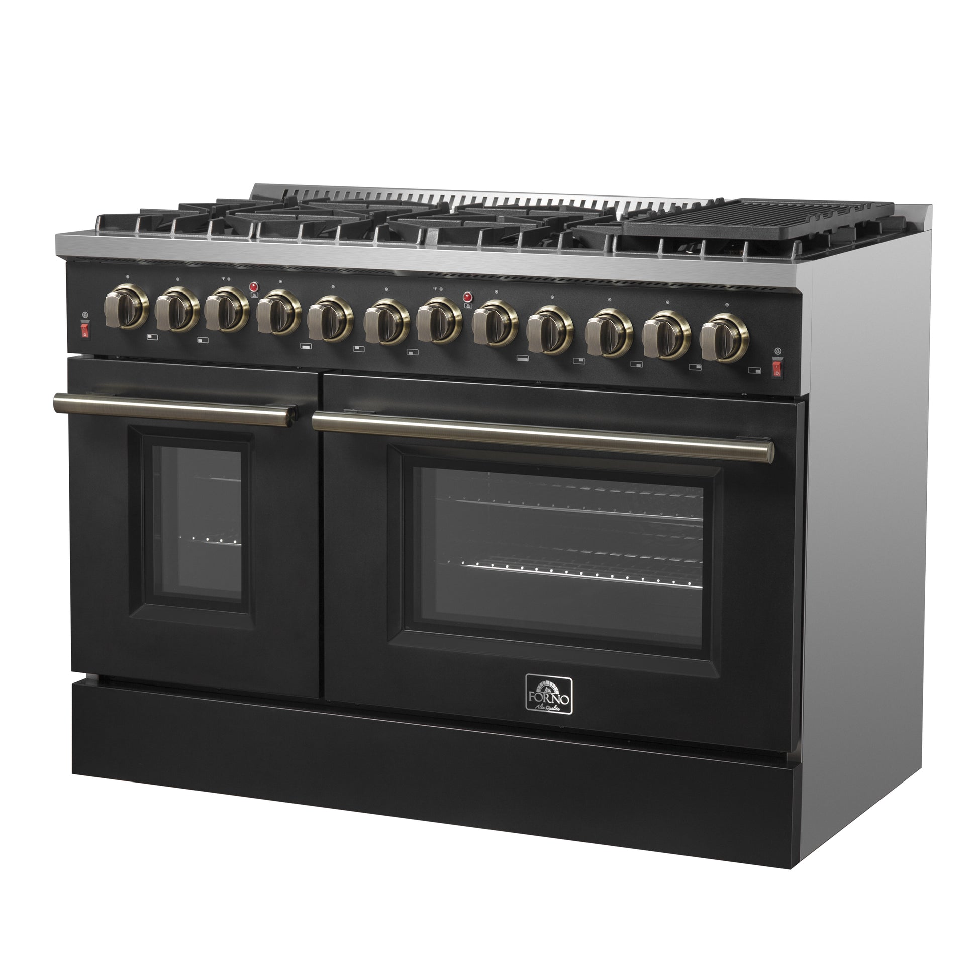 Galiano 48-inch Dual Fuel Range Black & Antique Brass Design with 8 Sealed Burners 107,000 BTU, 6.58 cu. ft. double ovens & Griddle - Forno Appliances