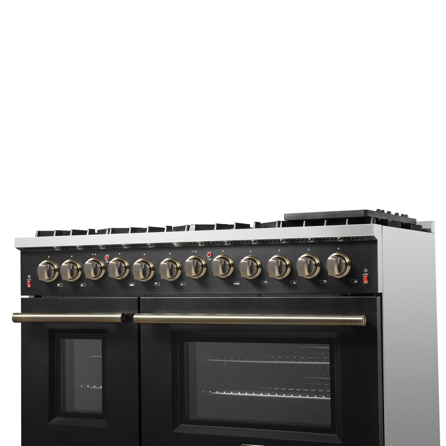 Galiano 48-inch Dual Fuel Range Black & Antique Brass Design with 8 Sealed Burners 107,000 BTU, 6.58 cu. ft. double ovens & Griddle - Forno Appliances