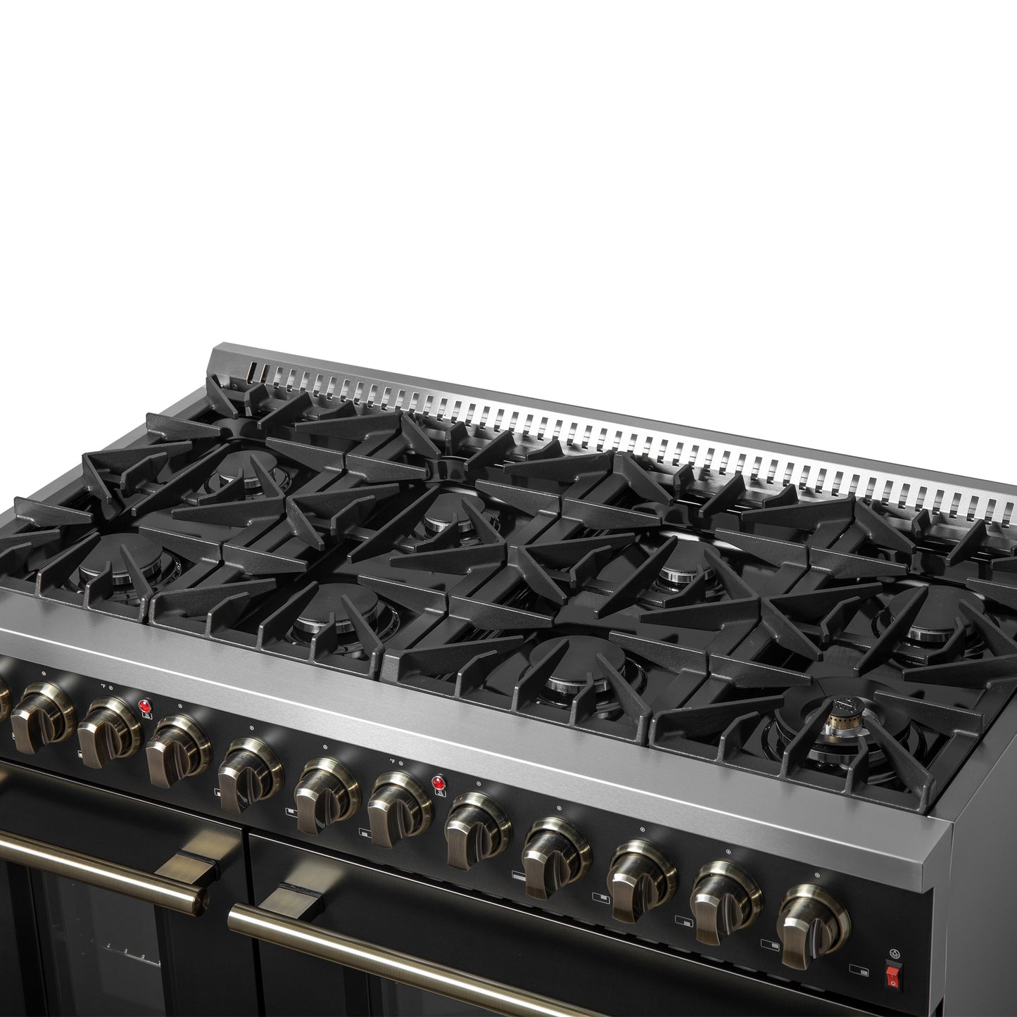 Galiano 48-inch Dual Fuel Range Black & Antique Brass Design with 8 Sealed Burners 107,000 BTU, 6.58 cu. ft. double ovens & Griddle - Forno Appliances