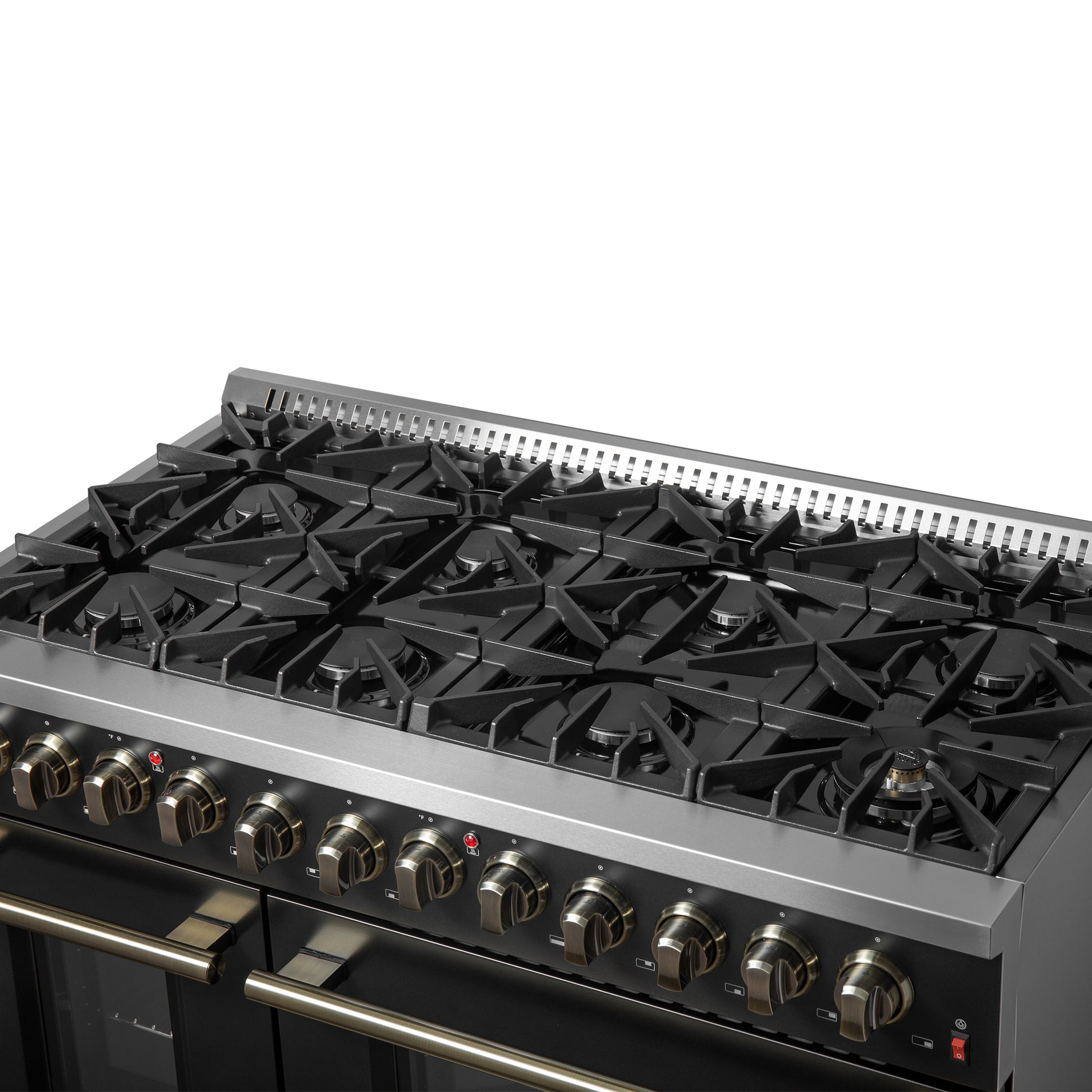 Galiano 48-inch Dual Fuel Range Black & Antique Brass Design with 8 Sealed Burners 107,000 BTU, 6.58 cu. ft. double ovens & Griddle - Forno Appliances