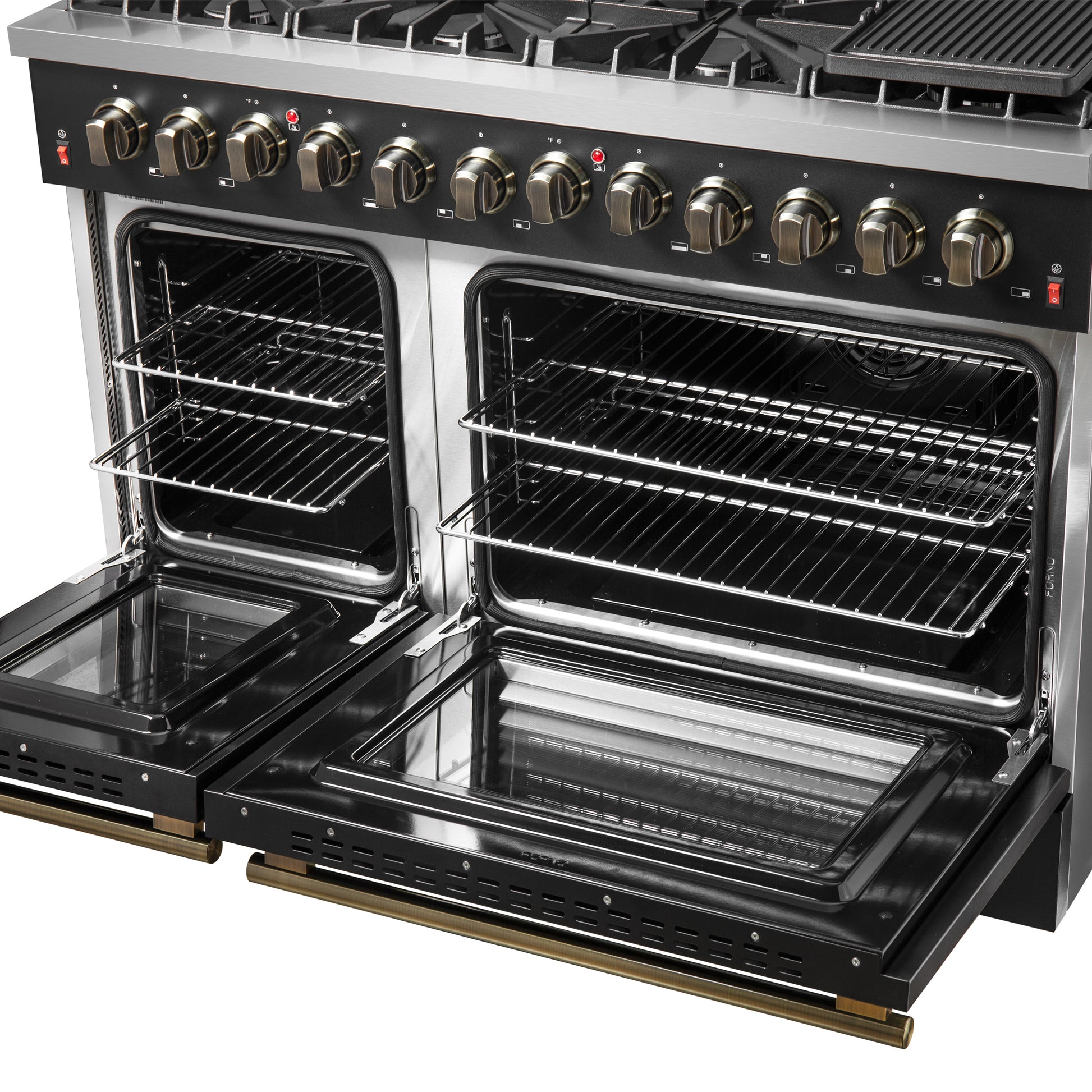 Galiano 48-inch Dual Fuel Range Black & Antique Brass Design with 8 Sealed Burners 107,000 BTU, 6.58 cu. ft. double ovens & Griddle - Forno Appliances