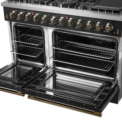 Galiano 48-inch Dual Fuel Range Black & Antique Brass Design with 8 Sealed Burners 107,000 BTU, 6.58 cu. ft. double ovens & Griddle - Forno Appliances