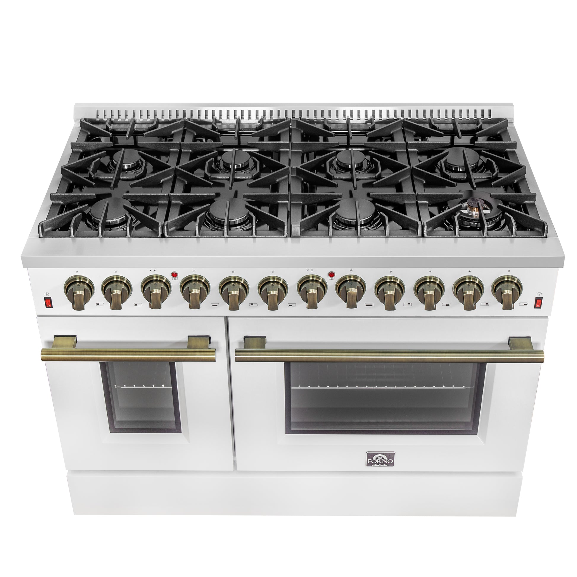 Galiano 48-inch Dual Fuel Range White & Antique Brass Design with 8 Sealed Burners 107,000 BTU, 6.58 cu. ft. double ovens & Griddle - Forno Appliances