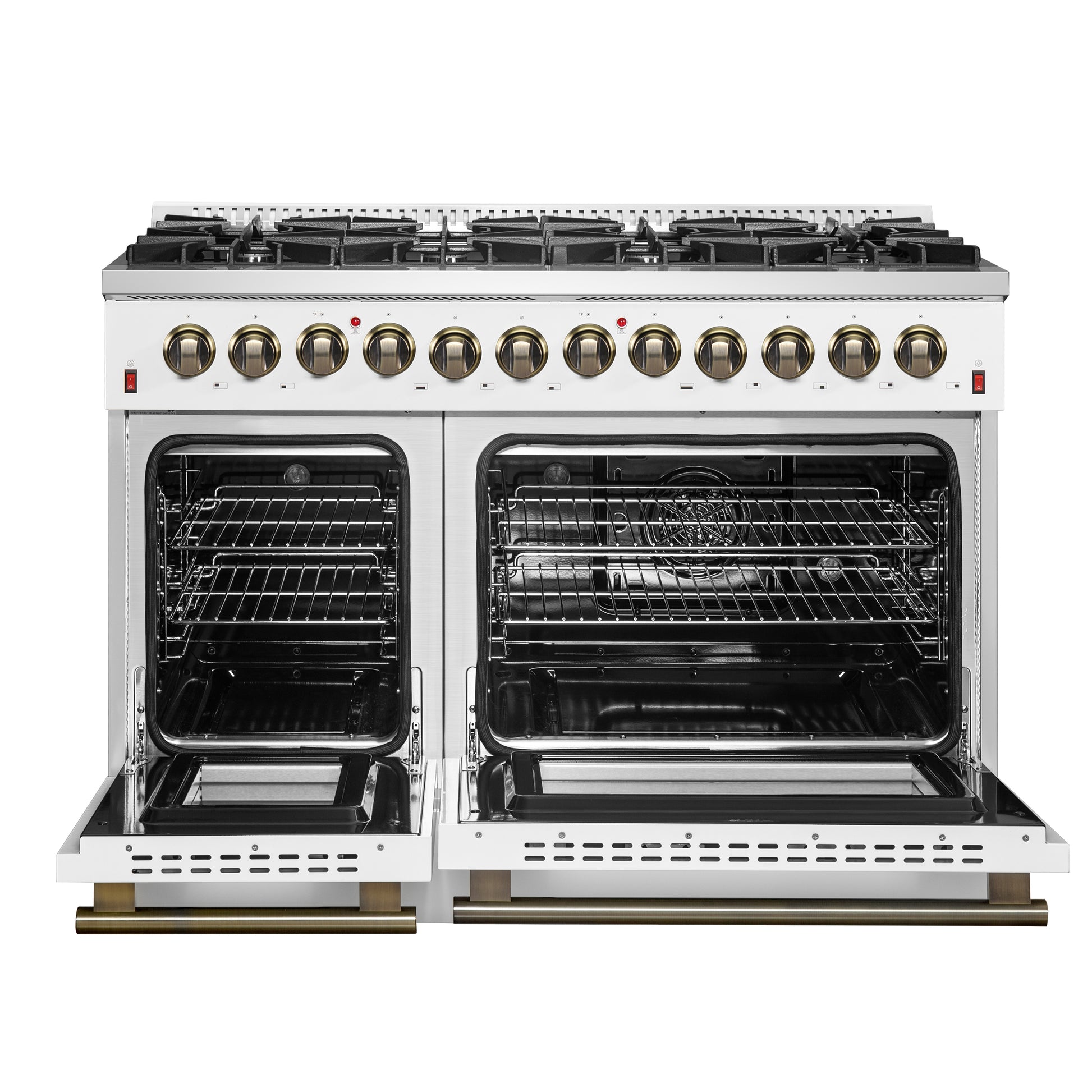 Galiano 48-inch Dual Fuel Range White & Antique Brass Design with 8 Sealed Burners 107,000 BTU, 6.58 cu. ft. double ovens & Griddle - Forno Appliances